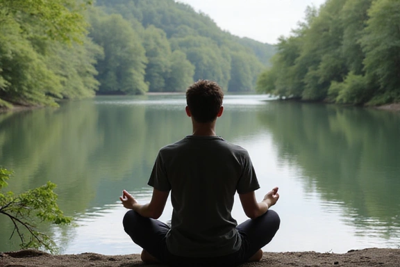 A person meditating peacefully in a serene natural setting, possibly near a lake or in a forest.